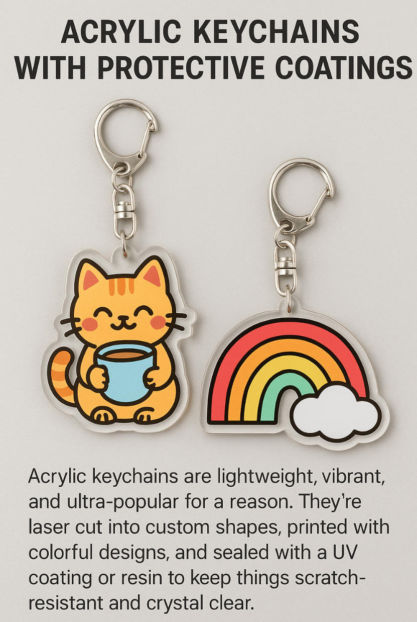 Acrylic keychains with protective coatings